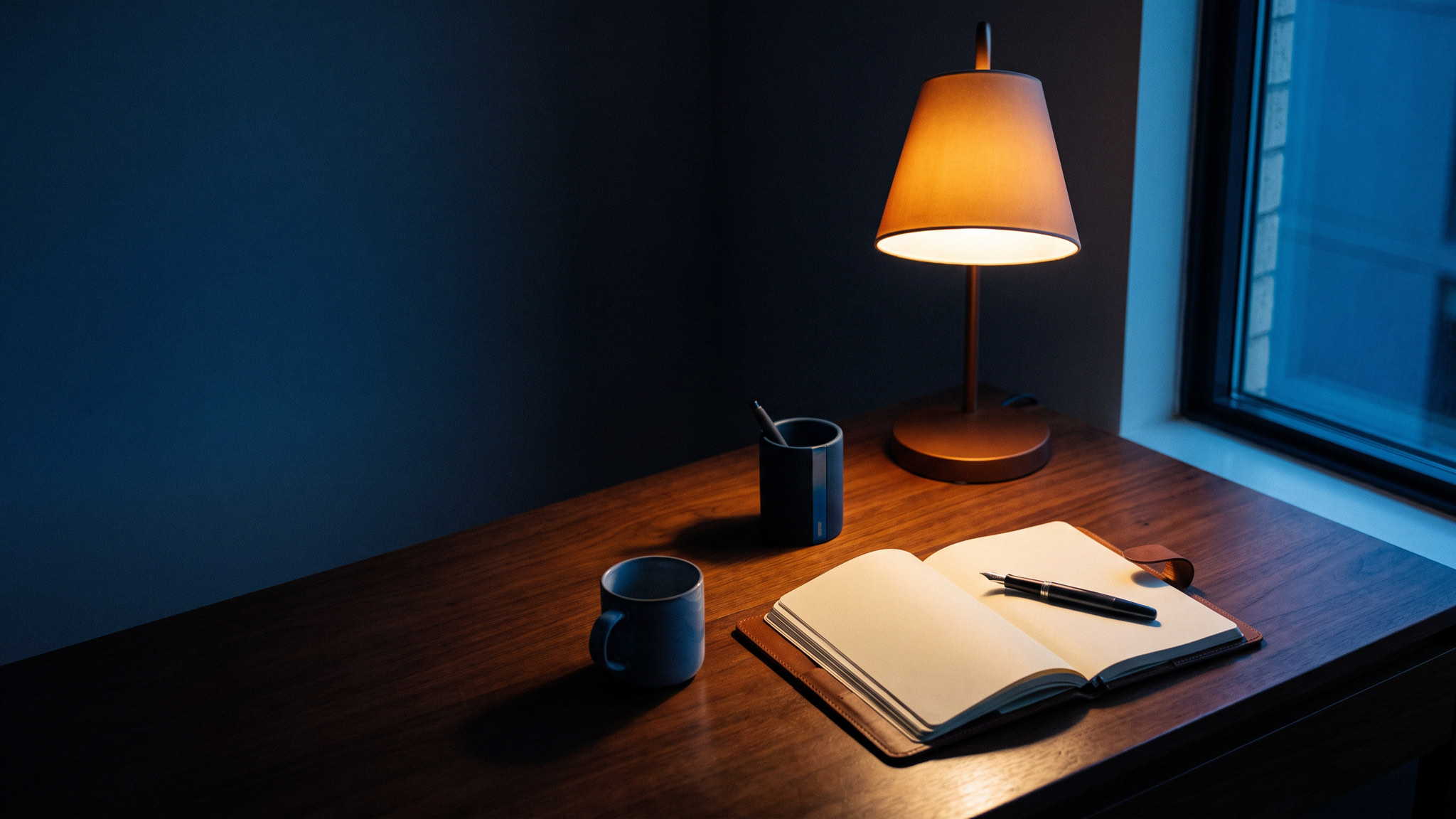 An open ledger and fountain pen on a desk under a warm lamp at blue hour