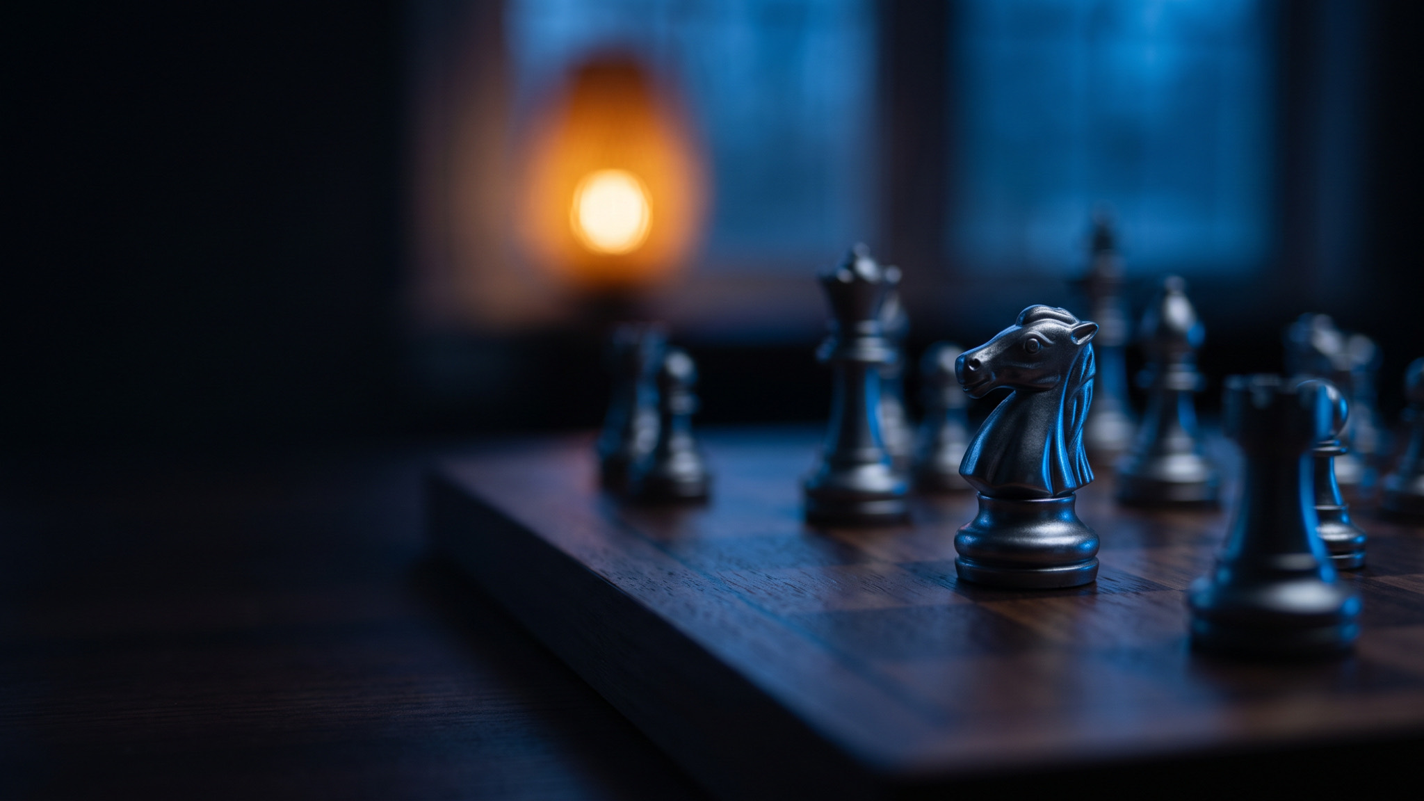 A knight in sharp focus on a chessboard mid-game at blue hour