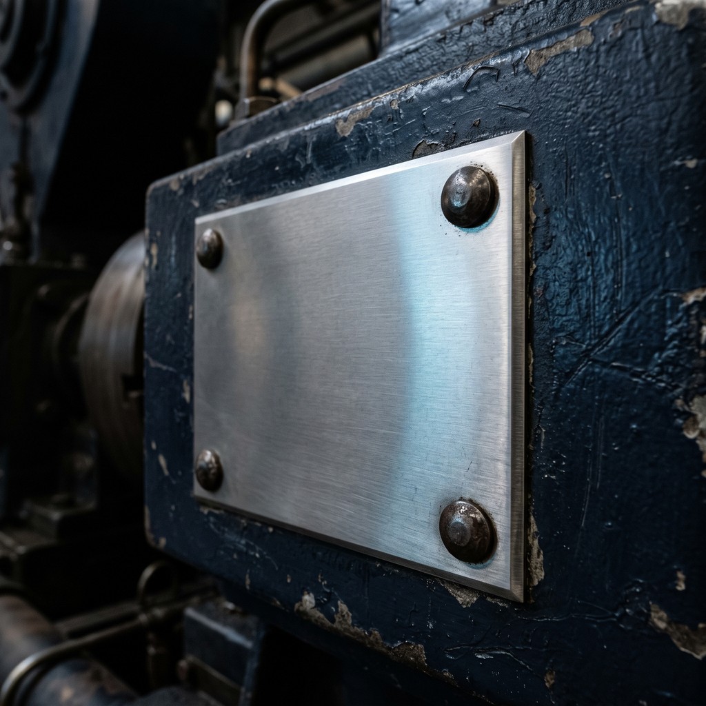 Equipment nameplate detail illustrating ownership and title in an equipment finance agreement