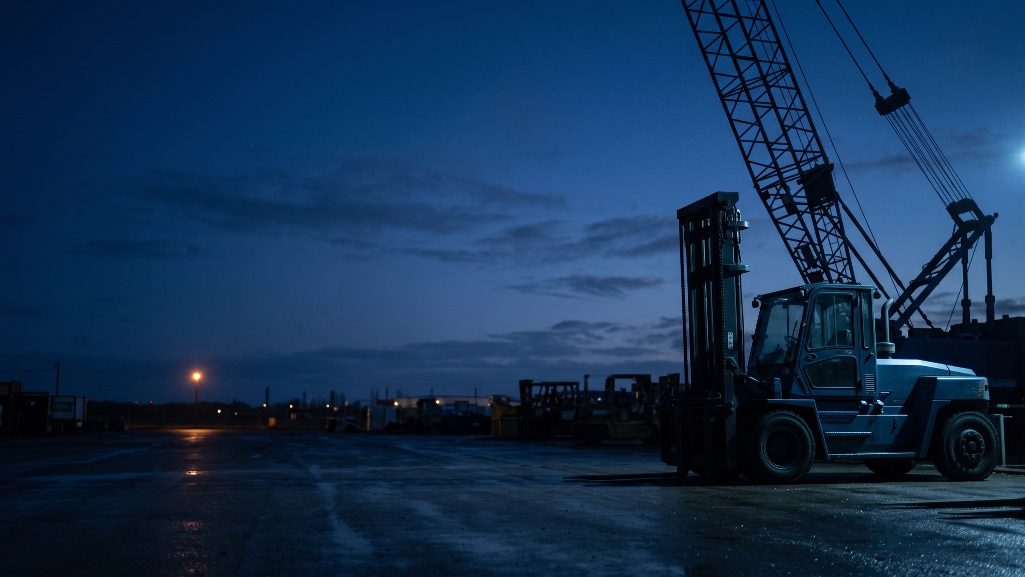 Heavy equipment silhouetted against a blue-hour sky, representing the choice between lease and equipment finance agreement structures