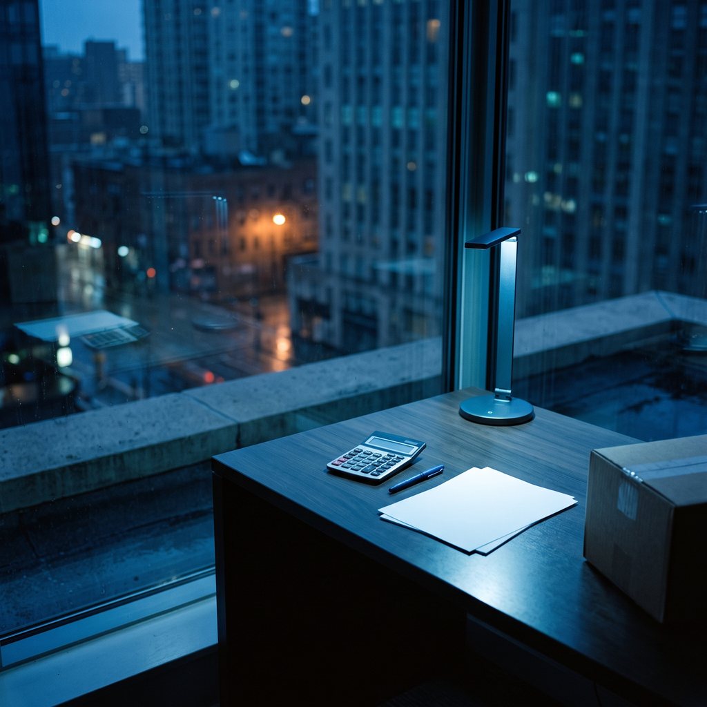 A calculator, a pen, and blank paper on a dark desk by a window at dusk, with a shipping box at the corner