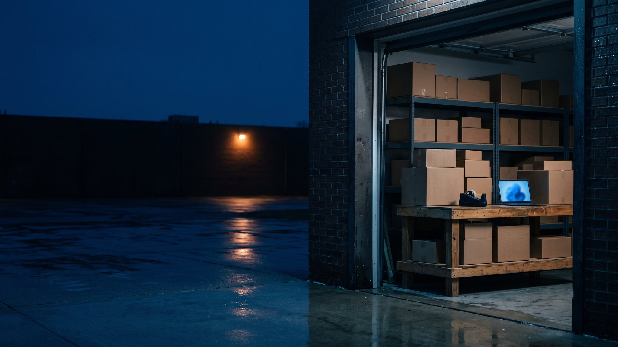 A small online seller's packing bench with shipping boxes and a glowing laptop, seen through an open roll-up door at dusk