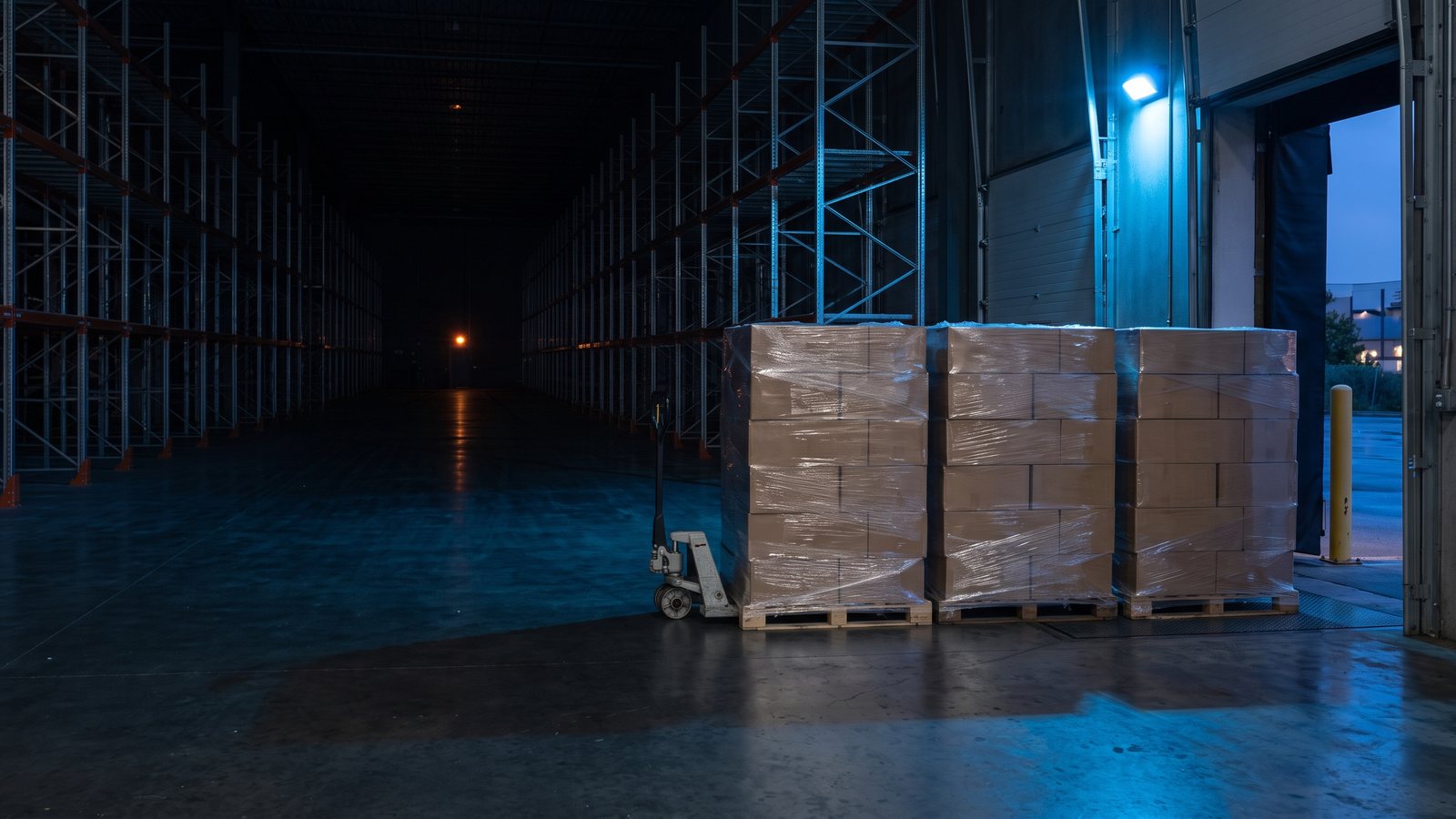 Three shrink-wrapped pallets of cartons just landed on a warehouse floor beside an open dock door, with empty racking behind them