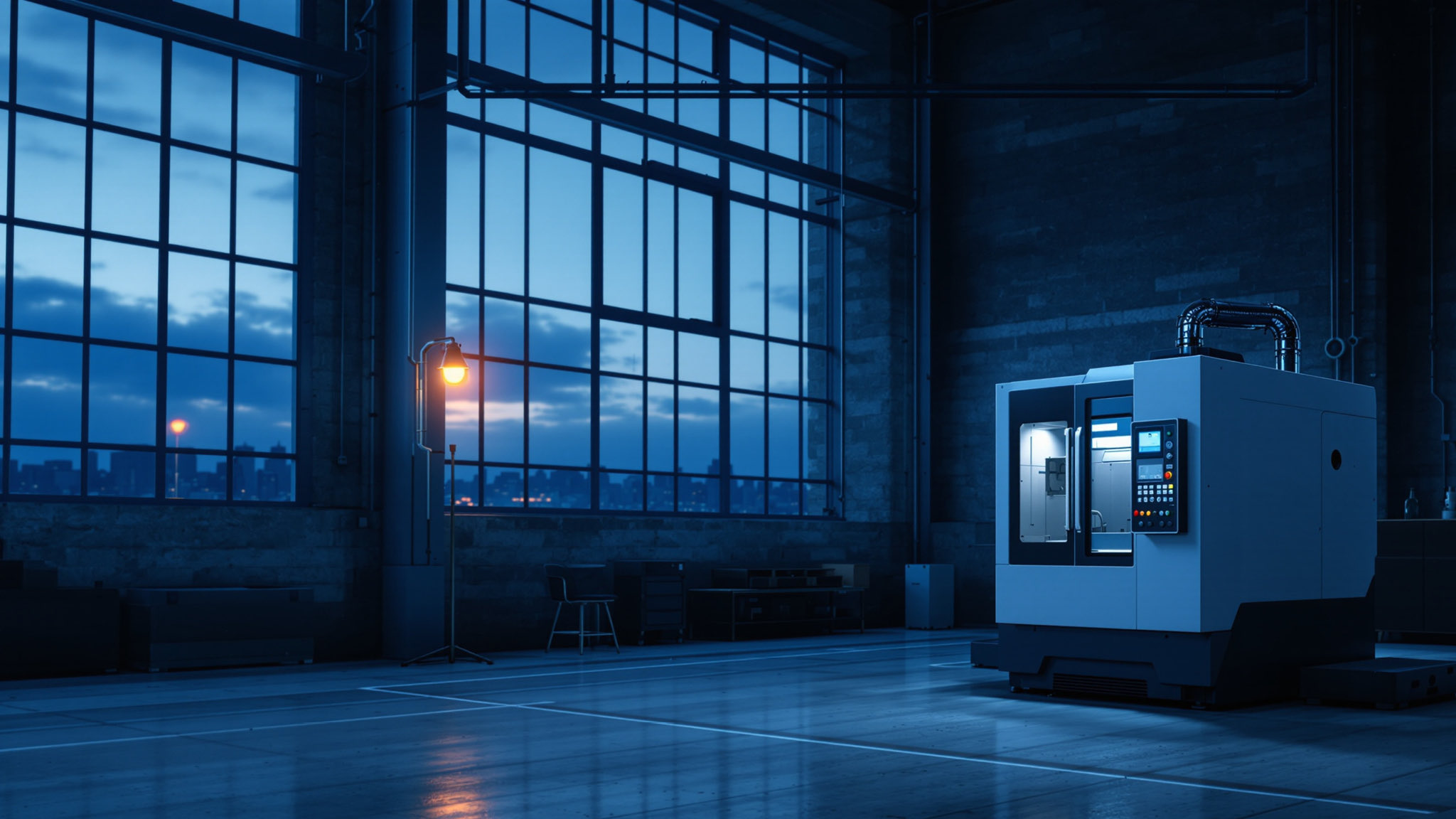 A new CNC machine under a pool of light on a shop floor at blue hour