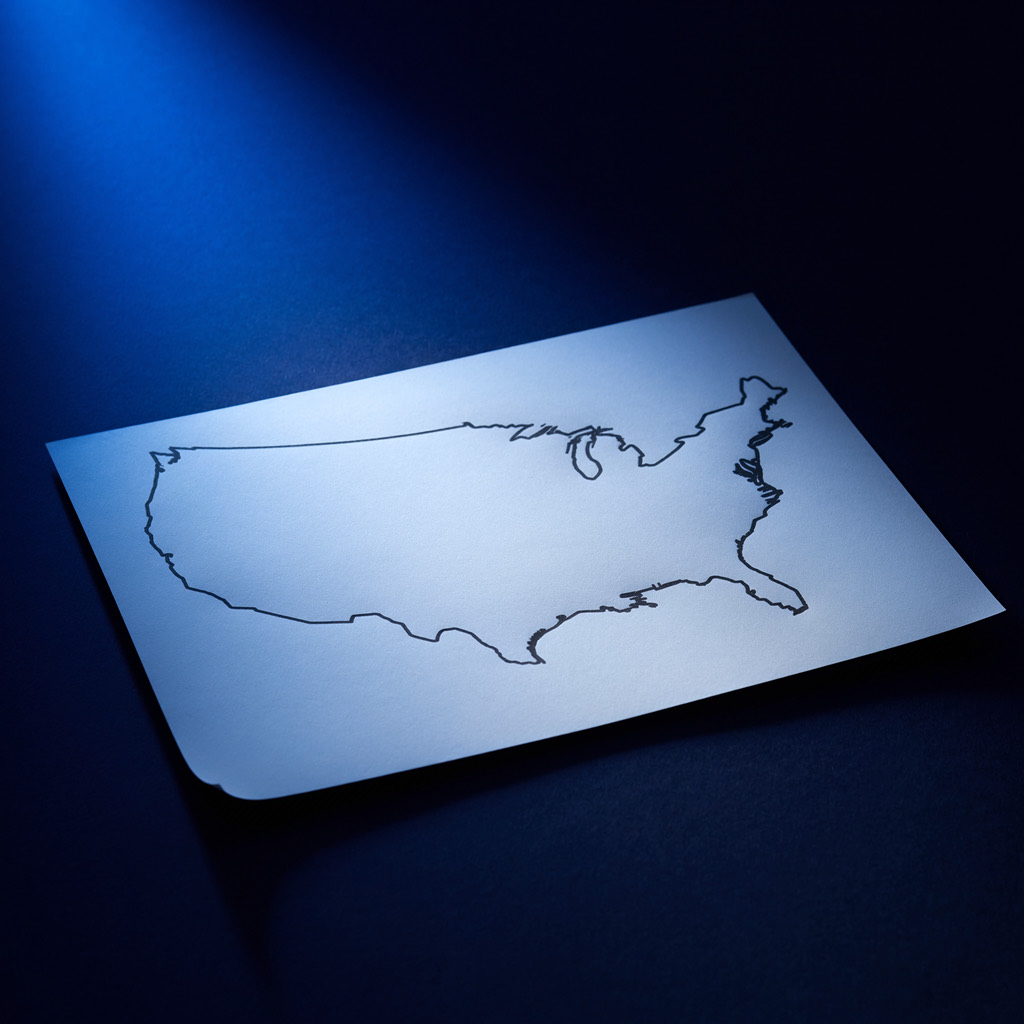 Blank US map outline on a dark surface representing state-by-state Section 179 conformity variation