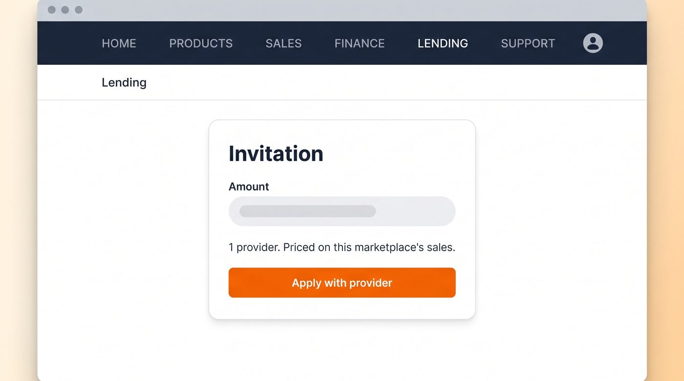 A marketplace seller account's Lending page in a browser window, showing one invitation card with one Apply button.