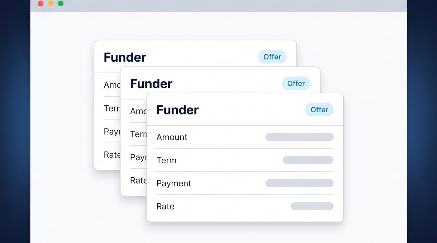 A browser window with three funder offer cards stacked, each listing amount, term, payment, and rate.