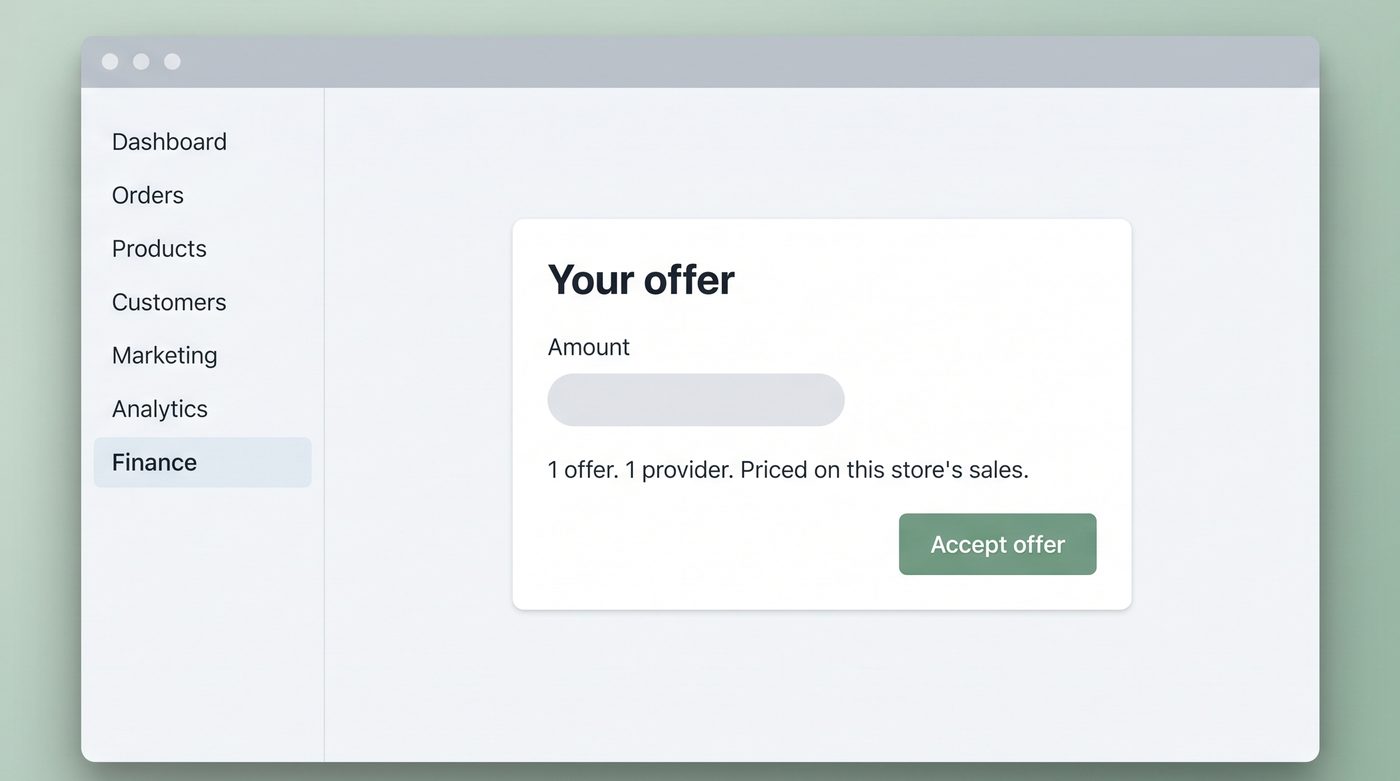 A store admin's Finance page in a browser window, showing one offer card with one Accept button.
